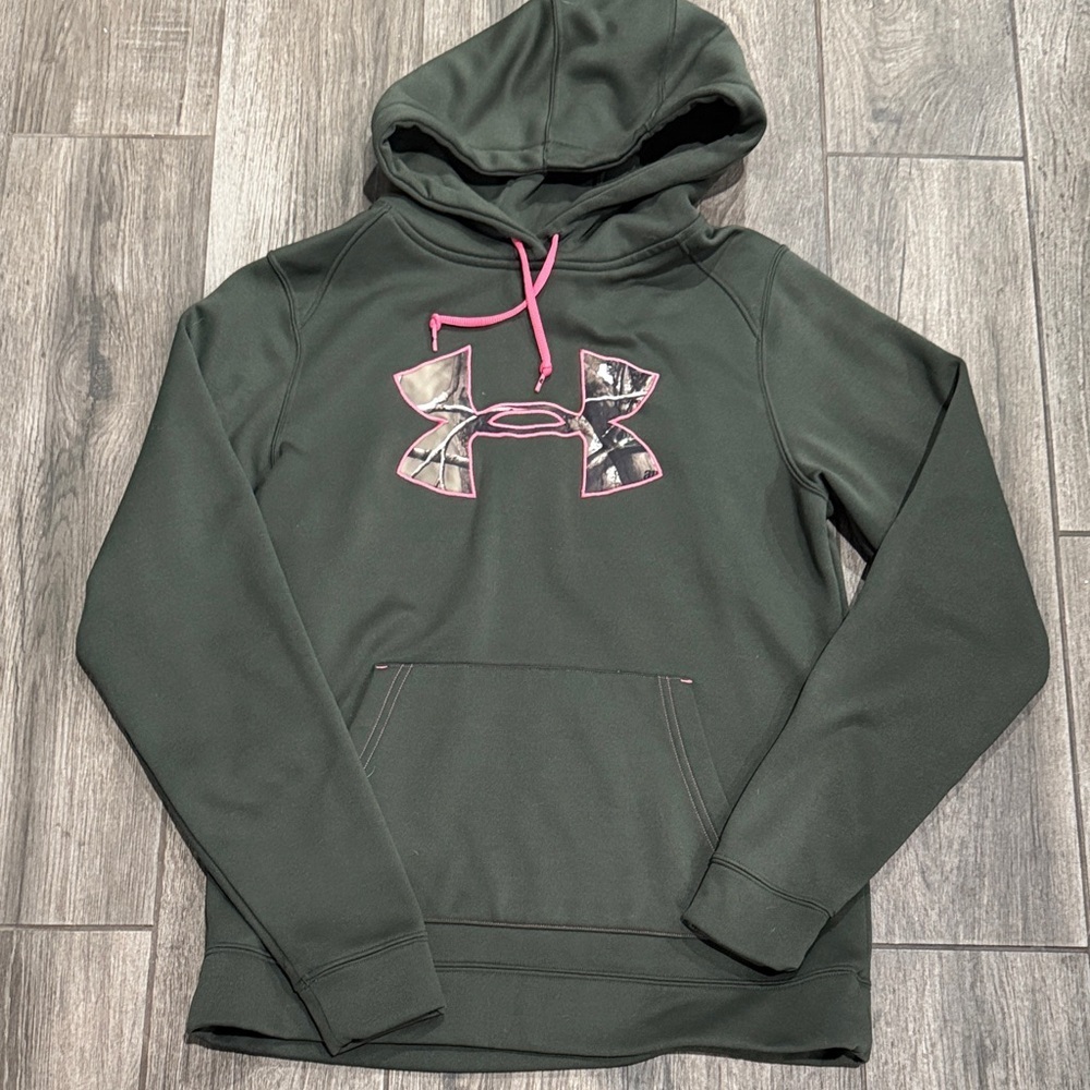 Women’s Under Armour Dark Green Hoodie with Camo logo and Pink Accents